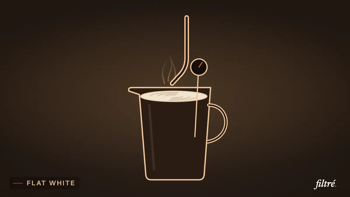 Pichet de lait sous la buse vapeur, avec thermomètre, dessin au trait sur fond espresso